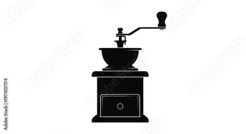 A black silhouette of a vintage hand crank coffee grinder on a white background