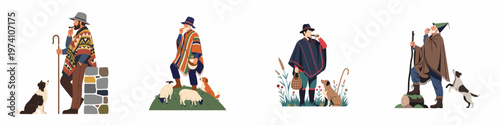 Set of flat vector illustrations depicting traditional shepherds in ponchos with their herding dogs and livestock in rural settings on a white background.