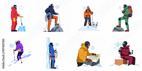 Collection of flat illustrations showing mountaineers and hikers in extreme winter conditions engaged in various climbing activities.