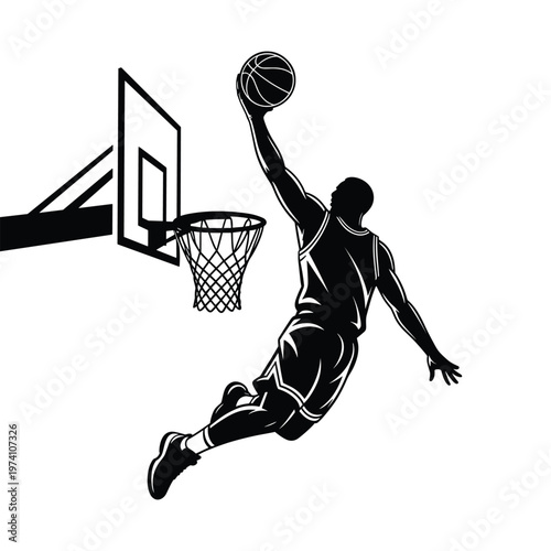 Silhouette of a basketball player performing a dynamic dunk with the ball above the hoop