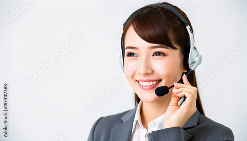 Cheerful Customer Support Specialist: A radiant customer service representative wears a headset and radiates confidence, ready to assist with a warm smile and approachable demeanor.
