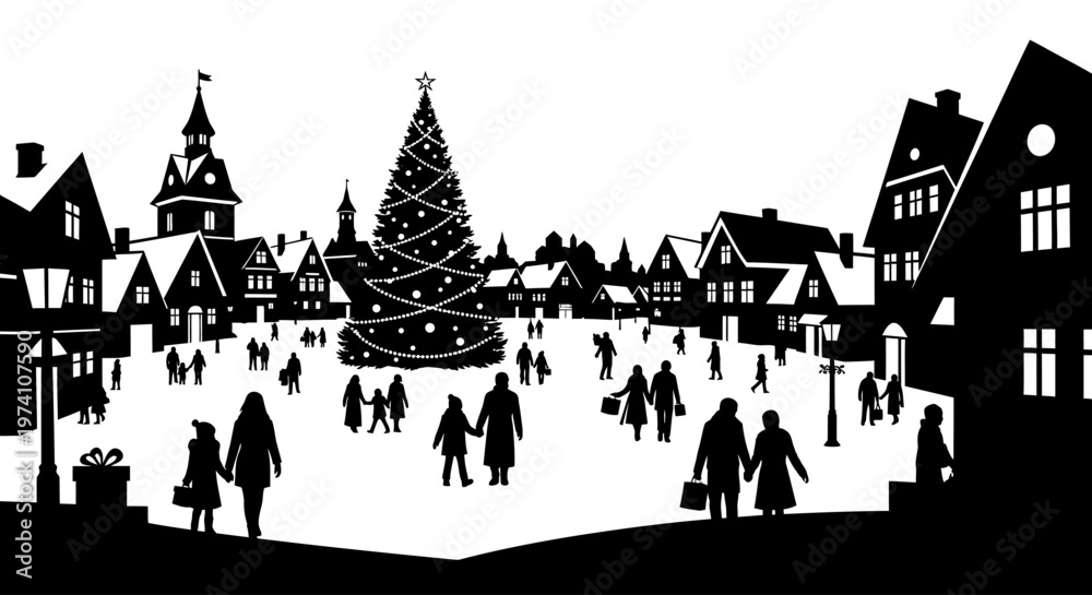 Fototapeta premium Festive winter cityscape with people and a christmas tree on transparent background silhouette