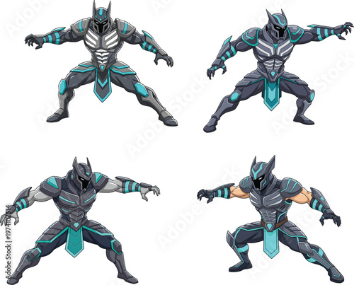 Futuristic sci-fi armored warrior character with glowing blue lights and dark metallic plate armor for game design and fantasy animation