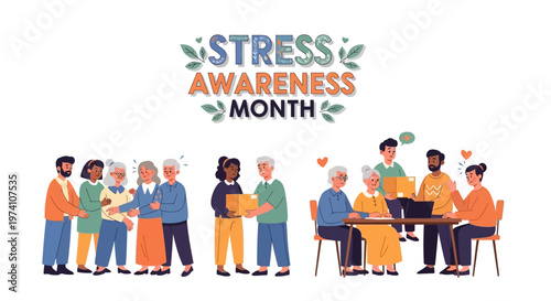 A vector illustration promoting stress awareness month features diverse people offering support and resources, set against a clean white background with pastel colors and a calming
