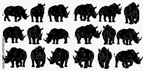 Set of black rhinoceros silhouettes in various poses, showcasing the powerful and majestic African animal.