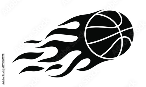 Stylized black silhouette of a basketball engulfed in flames on a transparent background