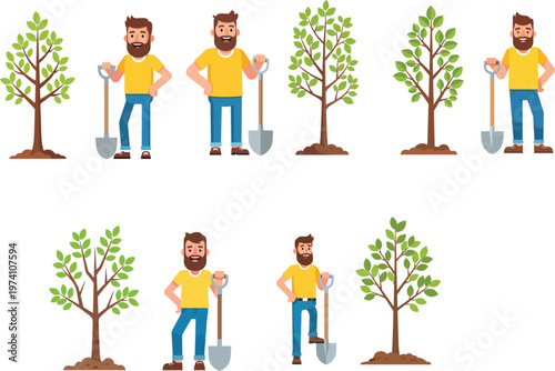 Happy male gardener with a beard standing with a shovel next to young green trees for reforestation and environmental conservation