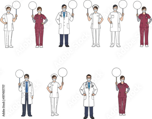 Medical staff team of doctors and nurses wearing face masks holding blank circular signs for healthcare announcement and information