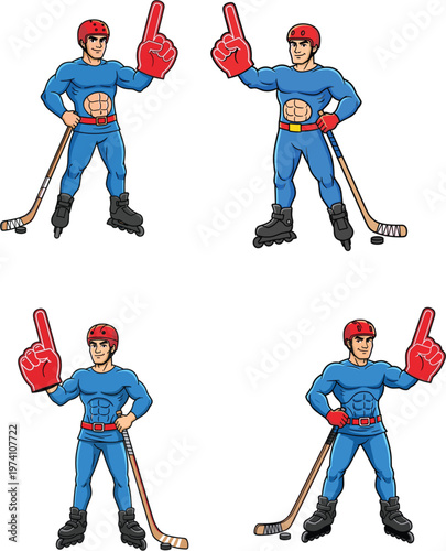 Muscular hockey player character wearing blue uniform and red helmet holding a foam finger and hockey stick for sports fan mascot design.