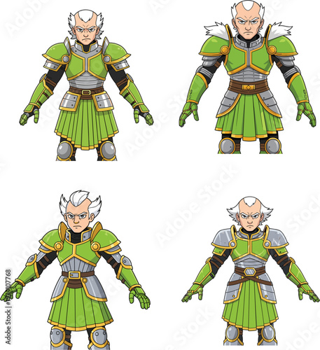 Powerful elderly warrior character wearing green and silver plate armor in various poses for fantasy game design and animation