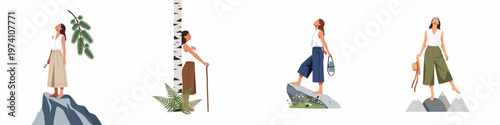 Set of minimalist illustrations featuring a woman enjoying nature, hiking in the mountains, and breathing fresh air in various serene outdoor settings.