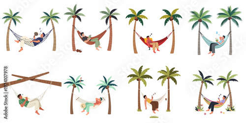 Collection of vector illustrations showing men relaxing and sleeping in hammocks tied between palm trees on a tropical summer vacation.