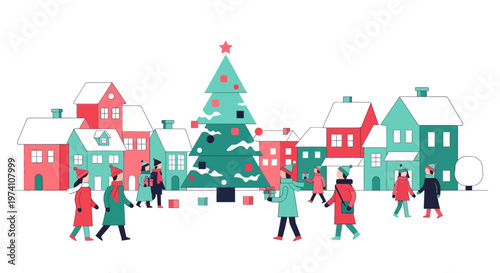 Festive winter town scene with people and christmas tree on transparent background silhouette