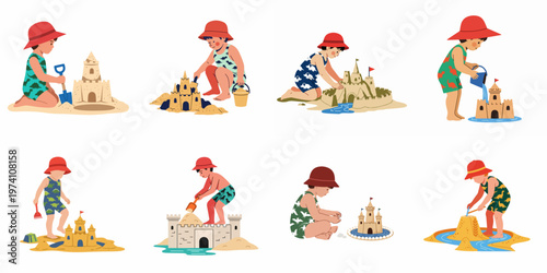 Set of illustrations featuring a young child in a red hat building various sandcastles with beach toys.