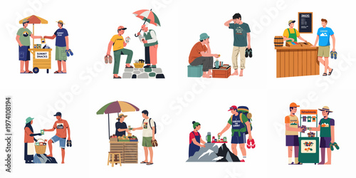Flat illustration set of various mountain vendors selling snacks, souvenirs, and refreshments to hikers and tourists at the summit.