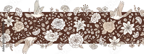 Brown Lace Floral Border with White Flowers and Birds