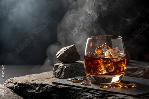 Premium whiskey on ice in crystal glass with glowing amber reflections, dark smoky atmosphere creating a dramatic high-end advertisement style composition
