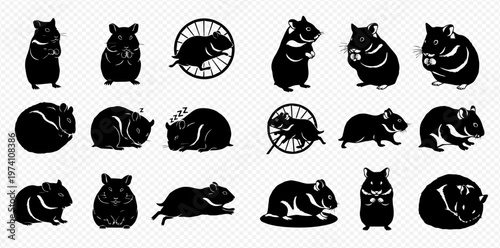 Collection of black hamster silhouettes in various poses including standing, running, and sleeping, perfect for pet-related designs and illustrations.