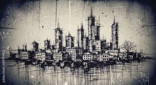 Grunge Cityscape Skyline on Water