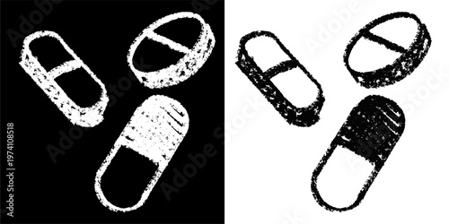 Set editable chalk drawing medical pill vector for pharmacy studies. Ideal for symbolizing chalkboard drug concepts, vintage health lessons, and school care.