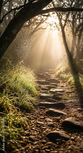 Sunlit Forest Path - A Serene Journey Through Natures Embrace.