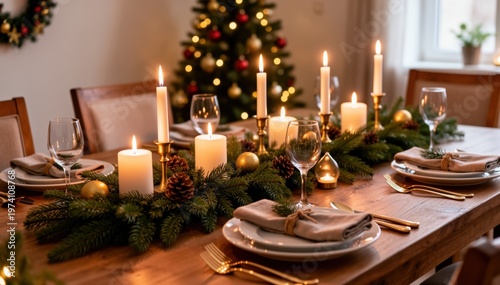Festive Dinner: A beautifully adorned dining table, set for a holiday feast, emanates warmth and conviviality with lit candles, ornaments, and seasonal foliage.