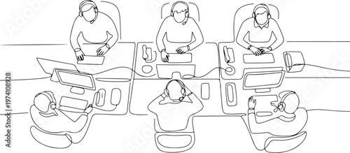 Continuous one line drawing top view group of telemarketing team member calling prospective client offer automotive product. one line art icon drawing vector