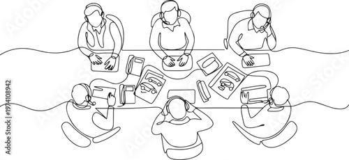 Continuous one line drawing top view group of telemarketing team member calling prospective client offer automotive product. one line art icon drawing vector