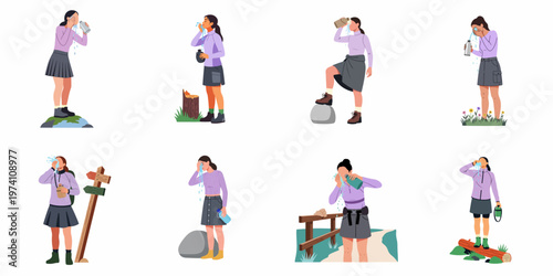 Vector illustrations of a female hiker refreshing herself by splashing water on her face from a bottle while trekking in nature.