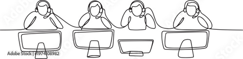 Continuous one line drawing top view group of telemarketing team member calling prospective client offer automotive product. one line art icon drawing vector