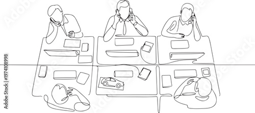 Continuous one line drawing top view group of telemarketing team member calling prospective client offer automotive product. one line art icon drawing vector