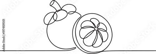 Continuous one line drawing half sliced freshness healthy sweet organic mangosteen for orchard. one line art icon drawing vector