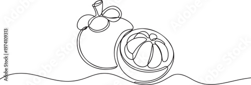 Continuous one line drawing half sliced freshness healthy sweet organic mangosteen for orchard. one line art icon drawing vector