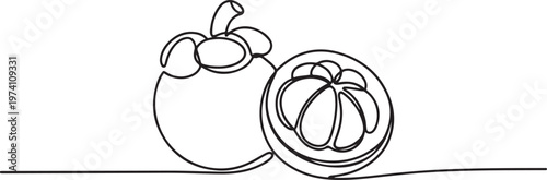 Continuous one line drawing half sliced freshness healthy sweet organic mangosteen for orchard. one line art icon drawing vector
