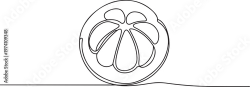 Continuous one line drawing half sliced freshness healthy sweet organic mangosteen for orchard. one line art icon drawing vector