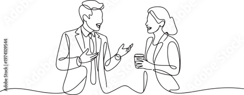 Continuous one line drawing young successful male and female employees engage in exciting conversations during office breaks. one line art icon drawing vector