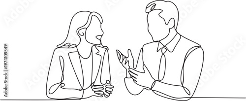 Continuous one line drawing young successful male and female employees engage in exciting conversations during office breaks. one line art icon drawing vector
