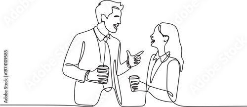 Continuous one line drawing young successful male and female employees engage in exciting conversations during office breaks. one line art icon drawing vector