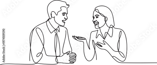 Continuous one line drawing young successful male and female employees engage in exciting conversations during office breaks. one line art icon drawing vector
