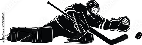Silhouette of ice hockey goalie making save with stick and glove, vector illustration for sports, athletic action, defense, and competitive design projects