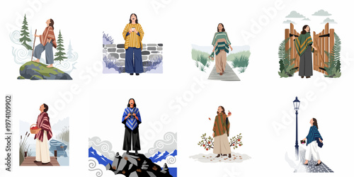 Set of eight flat illustrations featuring a woman enjoying nature, travel, and seasonal outdoor activities in various scenic locations.