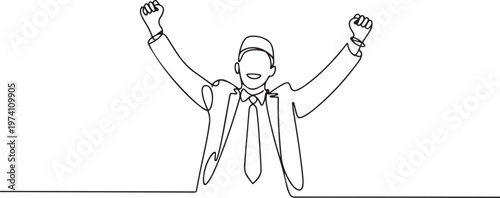 Continuous one line drawing young happy Moslem employee celebrate his job promotion. one line art icon drawing vector