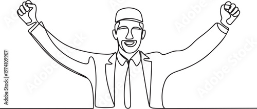 Continuous one line drawing young happy Moslem employee celebrate his job promotion. one line art icon drawing vector
