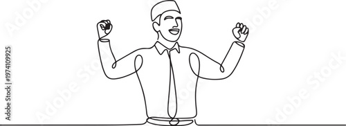 Continuous one line drawing young happy Moslem employee celebrate his job promotion. one line art icon drawing vector