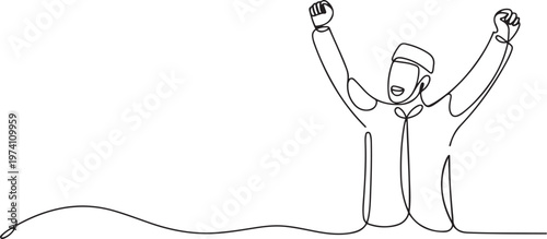Continuous one line drawing young happy Moslem employee celebrate his job promotion. one line art icon drawing vector