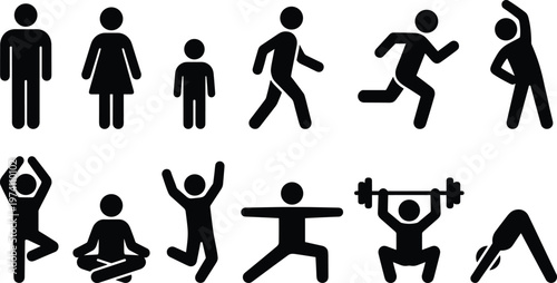 Foto Comprehensive collection of human stick figure icons representing family, lifestyle, fitness, walking, running, yoga poses, weightlifting, and healthy active living