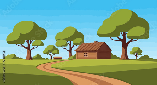 Fotografía Charming countryside landscape with a cabin and winding path on transparent back