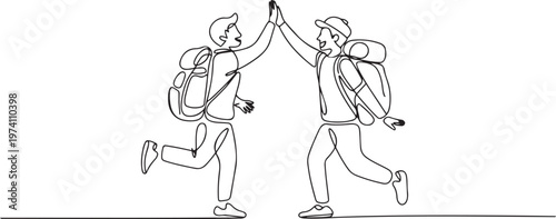 Single continuous line drawing of two young happy tourist carrying backpack to go to holiday and gives high five gesture. one line art icon drawing vector