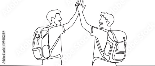 Single continuous line drawing of two young happy tourist carrying backpack to go to holiday and gives high five gesture. one line art icon drawing vector