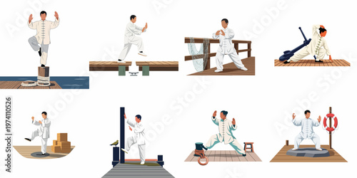 Flat vector illustration set of a man practicing Tai Chi and martial arts in traditional white clothing on nautical wooden piers and docks.